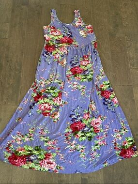 April Cornell Lavender Floral Maxi Dress with Pink & Green Bouquet Print